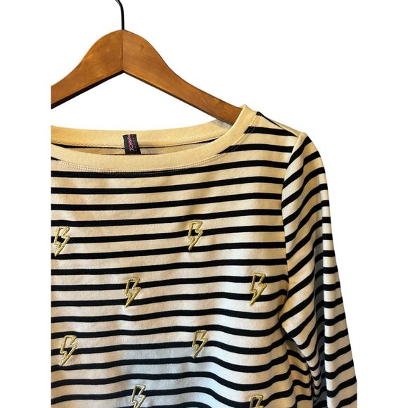 Betsey Johnson | Black + White Striped Top with Lightning Bolts | Size Small - Picture 1 of 7